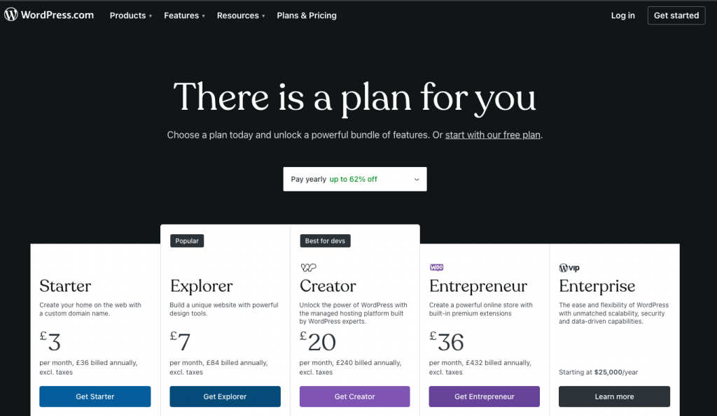 Screenshot of wordpress.com website showing available plans